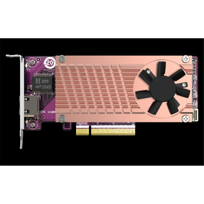 QNAP QM2 series 2 x PCIe 2280 M.2 SSD slots PCIe Gen3 x 8  1 x AQC113C 10GbE NBASE-T port low profile adpter included