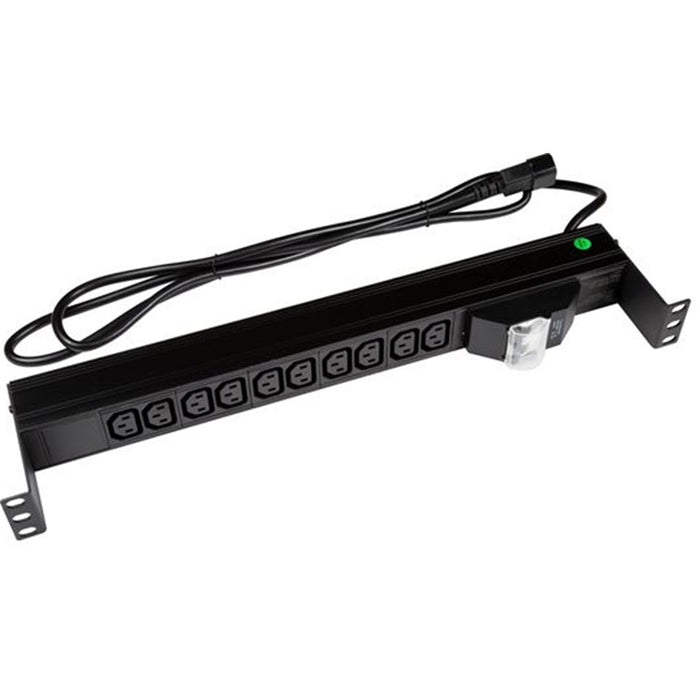 Dynamix RPR-IEC-10A10H 10 Outlet Horizontal        Power Rail (10A IEC C13) with 6KA C-Curve Circuit Breaker. Integrated 2m power cord (10A IEC C14) 1RU. Colour Black. AU/NZ