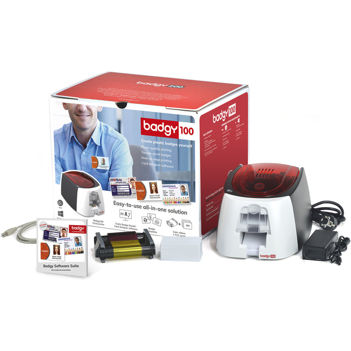 EVOLIS Badgy100 USB Card Printer Starter Kit (50 x 0.76mm blank white cards and 1 x colour ribbon badge studio for single prints)