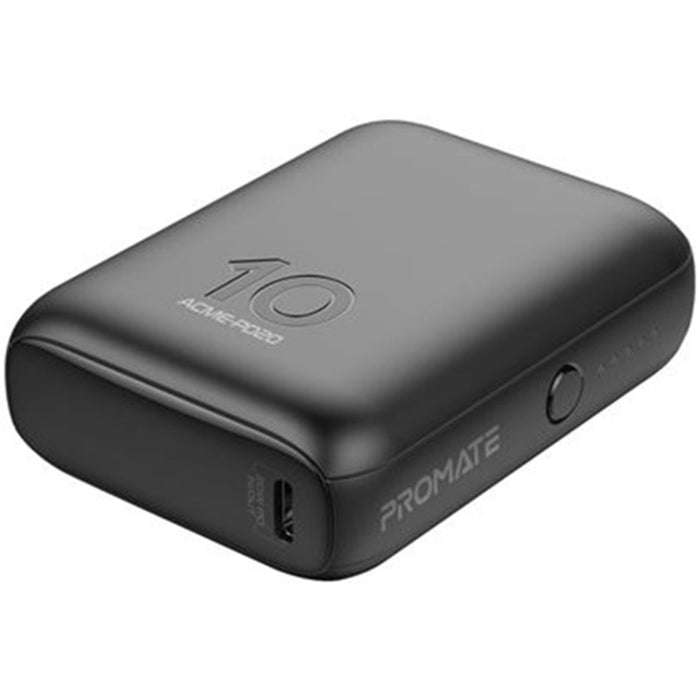 Promate ACME-PD20.BLK 10000mAh Ultra-Mini Power Bank with USB-C Input - Black Simultaneous Charging via USB-A & USB-C Output Ports - Built-in Over Charging & Short Circuit Protection - 3 Hour Recharging Time