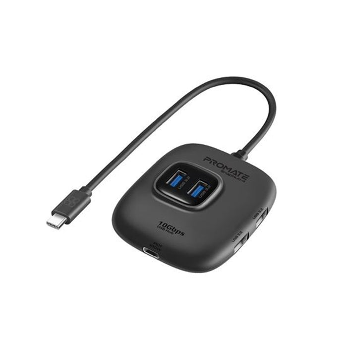 Promate SNAPHUB-4 4-in-1 Ultra-Fast Hub with  USB-A Input. Includes 4 x USB-APorts.TransferRate up to 10Gbps. Compatible with Windows 10/8/7 & & Mac OS 10.2 & Above. Plug and Play