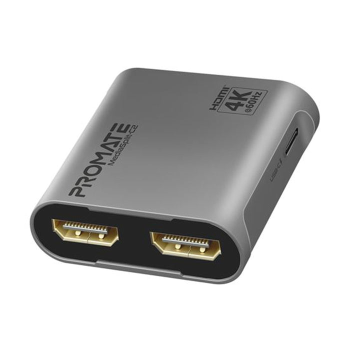 Promate MEDIASPLIT-C2 HDMI Splitter with Dual HDMI Ports. Supports up to 4K 60Hz Play Content on 2xMonitorsSimultaneously. USB-C Port (5V500MA). Easy Plug & Play.