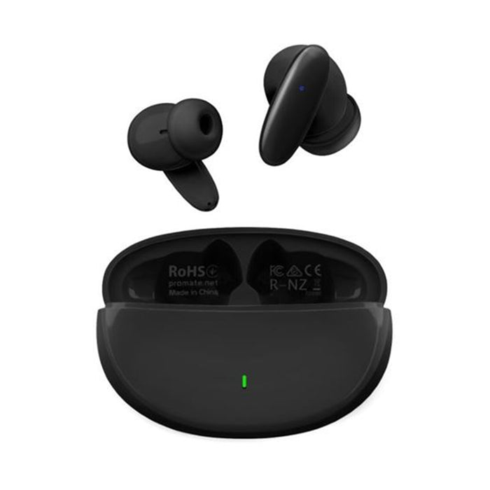 Promate LUSH.BLK In-Ear HD Bluetooth Earbuds - Black Intellitouch & 230mAh Charging Case - Ergonomic Fit - Up to 5-Hour Playback - 2x 40mAh Earphone Battery - Water Resistant - Auto Pairing