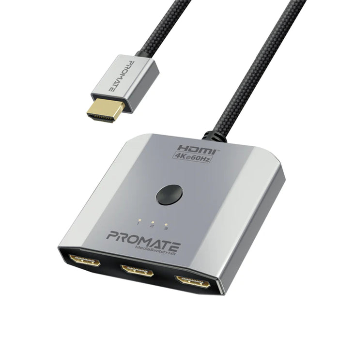 Promate MEDIASWITCH-H3 3-IN-1 Triple HDMI Splitter with 0.5M Cable. Supports 4K 60Hz. Manual Switch to ToggleBewtween Displays. Plug & Play. Compatible with Both Mac OS & Win OS.