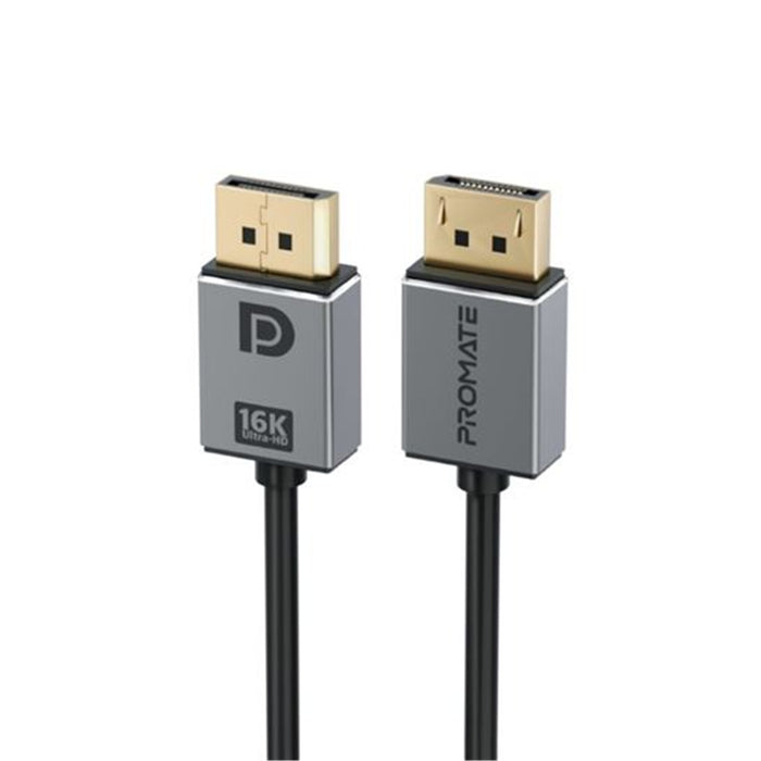 Promate DPLINK-16K 2m DisplayPort 2.0 Cable. Supports HD up to 16K at60Hz 80GbpsDataTransferSpeeds.Built-in Secure Clip Lock. Supports Dynamic HDR & 3D Video. Black Cable with Grey Connectors.