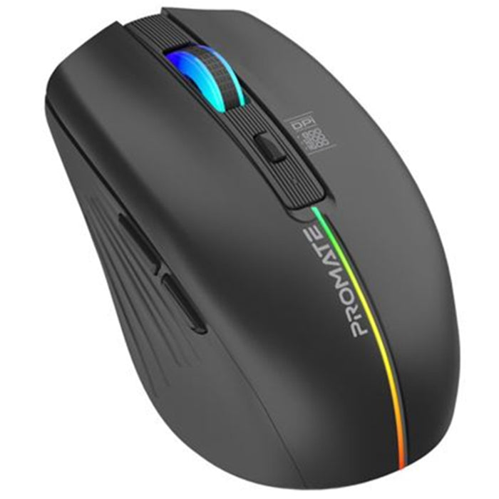 Promate KITT.BLK Ergonomic Wireless Optical Mouse - Black LED Rainbow Lights - 500mAh Rechargable Battery - 10mRange - Plug & Play - Supports 800/1200/1600 DPI High Precision - Amidextrous Design