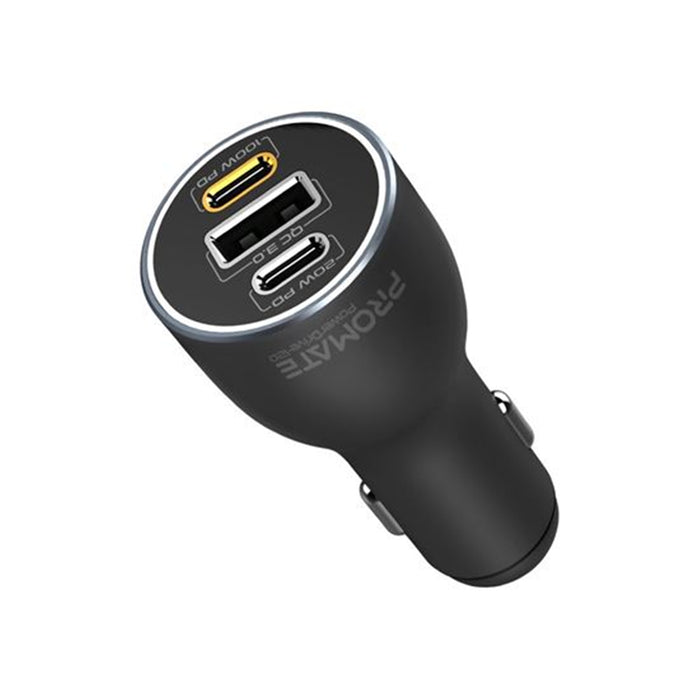 Promate POWERDRIVE-120 120W PD In-Car Phone Tablet Notebook/Macbook Charger. Dual USB-C Ports 1x USB-A PortQC 3.0 Charge 2x Devices Simultaneously Sleek & Compact Universal Compatibility. Black.