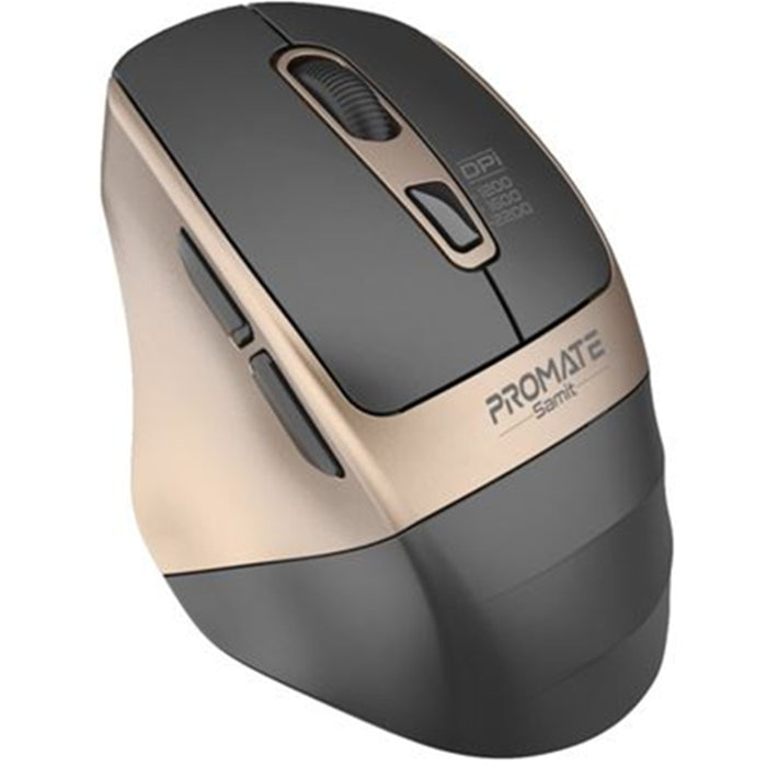 Promate SAMIT.GLD Ergonomic Silent Click Wireless Mouse - Gold Up to 2200 DPI - 10m Working Range - Plug & Play - Supports 1200/1600/2200 DPI High Precision - Amidextrous Design