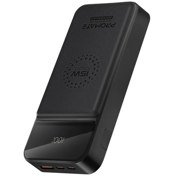 Promate AURATORQ-20.BLK 20000mAh Wireless Charging Power Bank - Black LED Display - Ultra-Slim - 15W Charging - KickStand - Supports 20W PD - QC3.0 - USB-C In / Out - Universal Compatibility