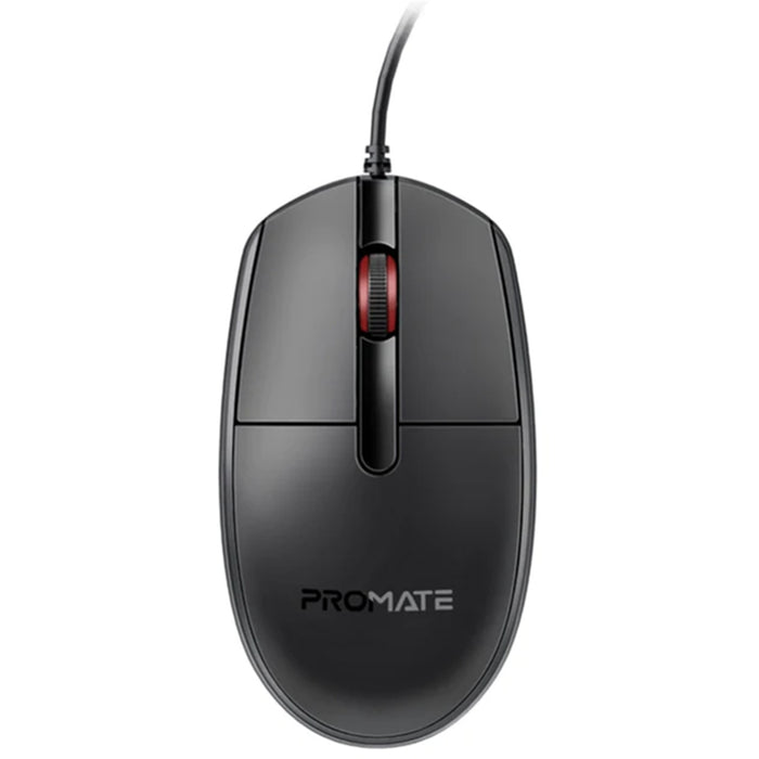 Promate 3-Button Wired Optical Mouse - Black 1200dpi - Eronomic Design with up to 6 Million Keystrokes - Anti-Slip Silicone Grip - 1.5m Cable - Plug & Play - Ambidextrous Design