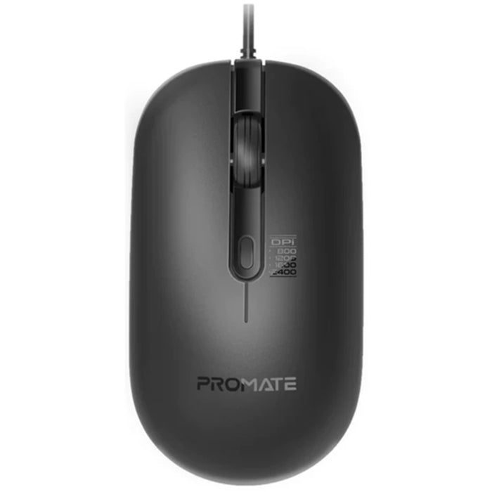 Promate MaxComfort CM-2400 4-Button Wired Optical Mouse - Black 2400dpi - MaxComfort Adjustable DPI with up to 6 Million Keystrokes - Anti-Slip Silicone Grip - 1.5m Cable - Plug & Play - Ambidextrous Design