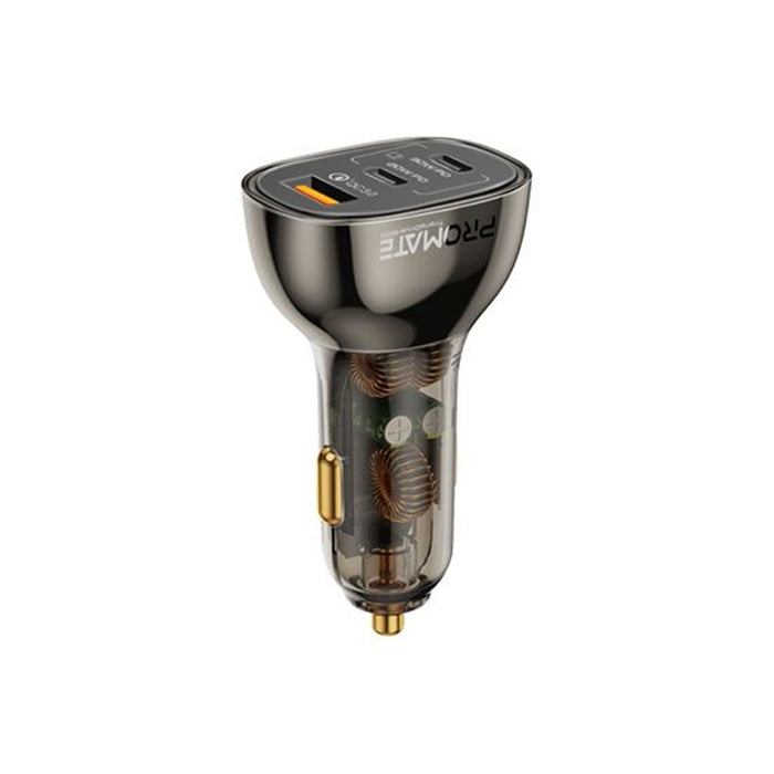 Promate 80W Quick Charging In-Car Adapter for Tablets & Smartphones. 30W & 20WPDUSB-CPorts.Gold-Plated Transparent Design Dual USB-C Ports Quick Charge (QC) USB-A Port Charge 3x Devices.