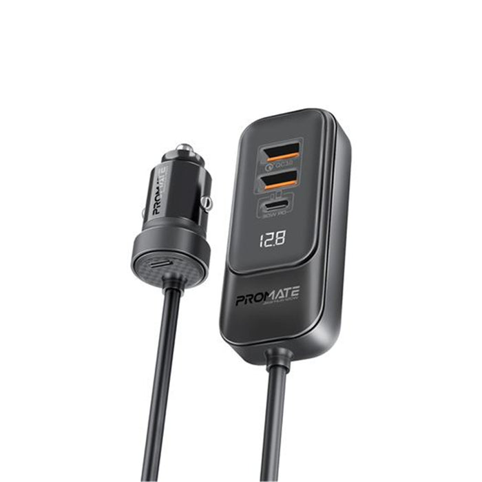 Promate 120W In-Car Device Charger with Backseat 3 Port Charging Hub. Includes 2xUSB-C&2xUSB-APorts.Supports 30W QC3.0. LED DIsplay 1.5m Cable Ultra Small & Compact. Charge 4x Devices Simultaneously.