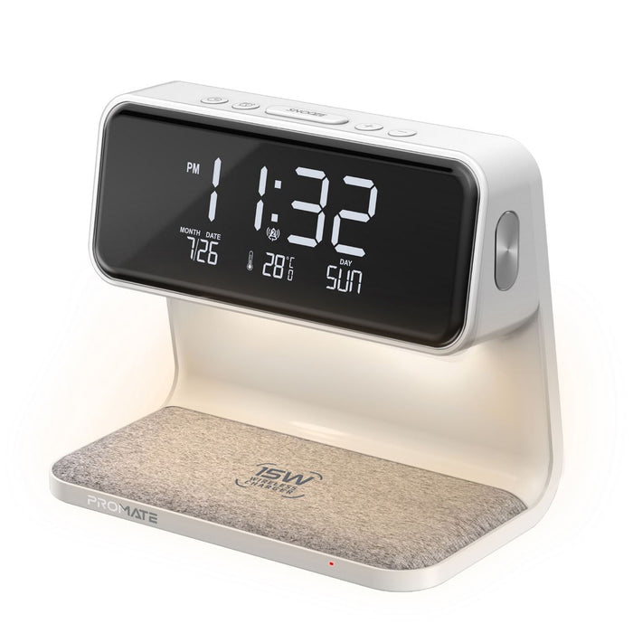 Promate LUMIX-15W 3-in-1 Multi-Function LED Alarm CLock with 15W Wireless Charger. 10.7lm NightLight with3 Brightness Modes. Dual Alarm with Snooze Function. 12Hr/24Hr Time. Requires Wall Charger - SPAUSB-5V2A