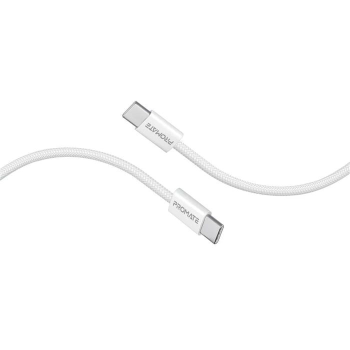 Promate ECOLINE-CC200 USB-C to USB-C Cable with Fabric Braided Cable 2m - White Supports 60W PD. 25000+ Bend Lifespan.Supports Data & Charge. Super Slim Connectors.