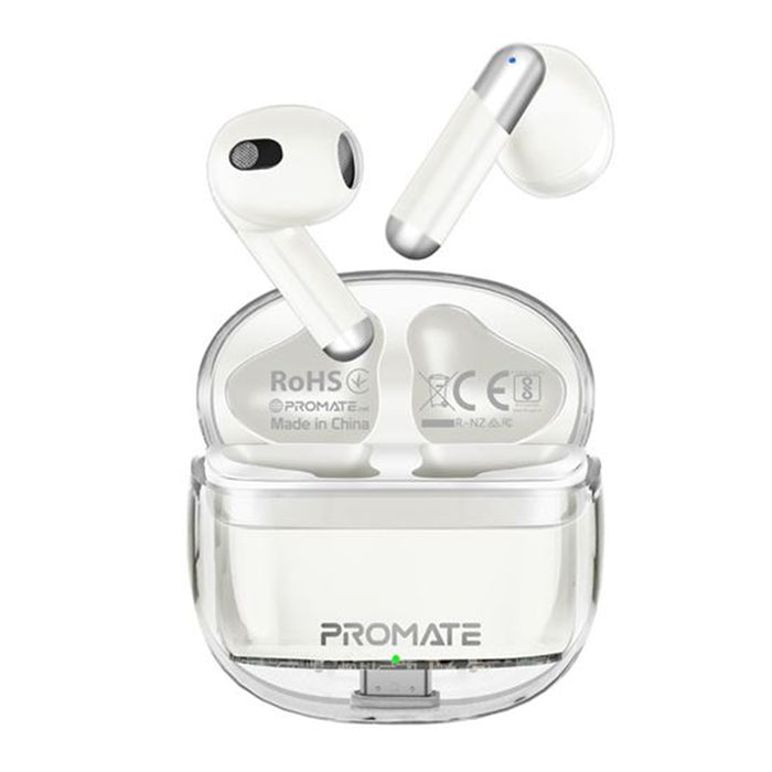 Promate In-Ear HD Bluetooth Earbud - White Intellitouch & 300mAh Charging Case - Ergonomic Fit - Up to 6-Hour Playback - 2x 40mAh Earphone Battery - Auto Pairing