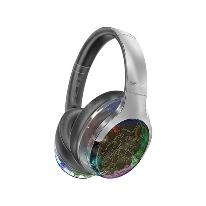 Promate TRANSTUNE.SLV HiFi Stereo Wireless Bluetooth Active Noice Cancelling Headphones - Silver RGB Lighting - Flip & Fold Design - Up to 40Hrs Playback - Inline Controls Touch Buttons