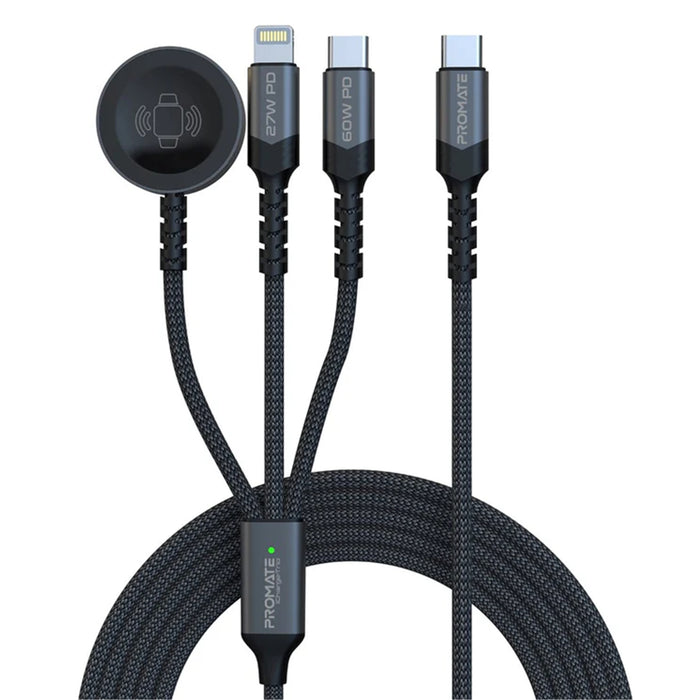 Promate ICHARGE-TRIO.BLK  1.5M 5in1 Multi-Connector Charging Cable with Both USB-C &LightningConnectors Plus Apple Watch Charging Pad. Data & Charge Supports 60W PD USB-C & 27W PD Lightning 2.5W Apple Watch. Black