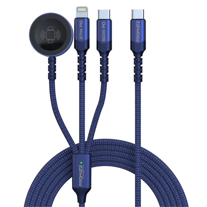 Promate ICHARGE-TRIO.BLU  1.5M 5in1 Multi-Connector Charging Cable with Both USB-C & LightningConnectors Plus Apple Watch Charging Pad. Data & Charge Supports 60W PD USB-C & 27W PD Lightning 2.5W Apple Watch. Blue