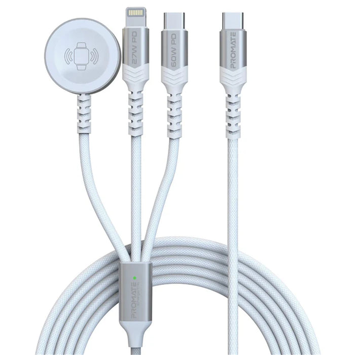 Promate ICHARGE-TRIO.WHT 5in1 Multi-Connector Charging Cable - 1.5M White - With Both USB-C & LightningConnectors Plus Apple Watch Charging Pad. Data & Charge Supports 60W PD USB-C & 27W PD Lightning 2.5W Apple Watch