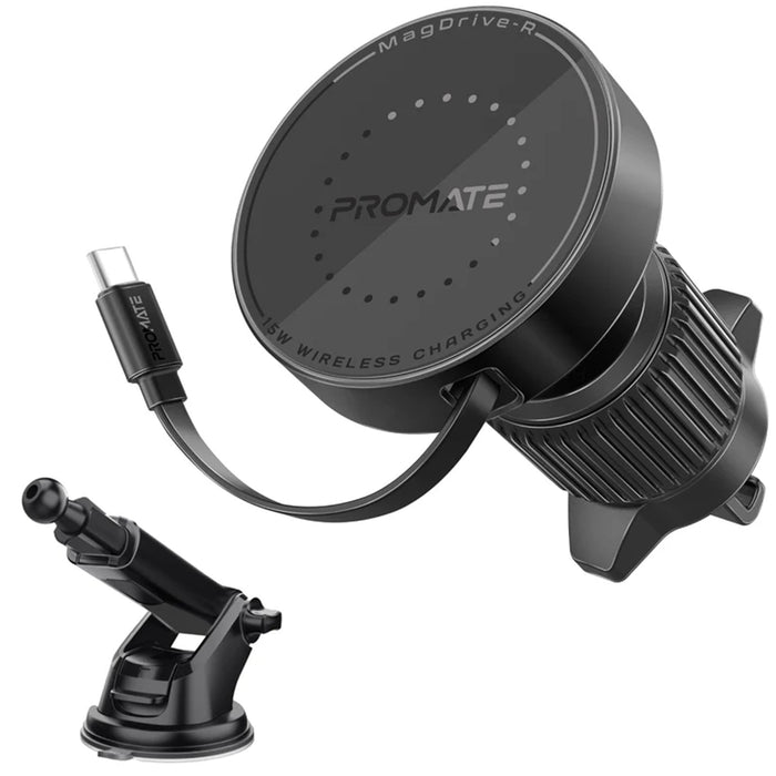 Promate MAGDRIVE-R 15W MagSafe Compatible Incar Phone Wireless Charger - Black - With Retractable 1m USB-C Connector Cable. Dashboard or AC Vent Mount 360 Rotatable Cradleless Design