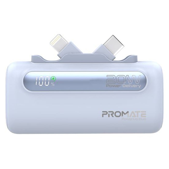 Promate POWERUP-DUO.BL  5000mAh Ultra-Compact Fast Charging Power Bank with In-BuiltDualFoldingUSB-C& Lightning Connectors. Supports 20W PD USB-C In/Out Smart LED Battery Indicator. Blue