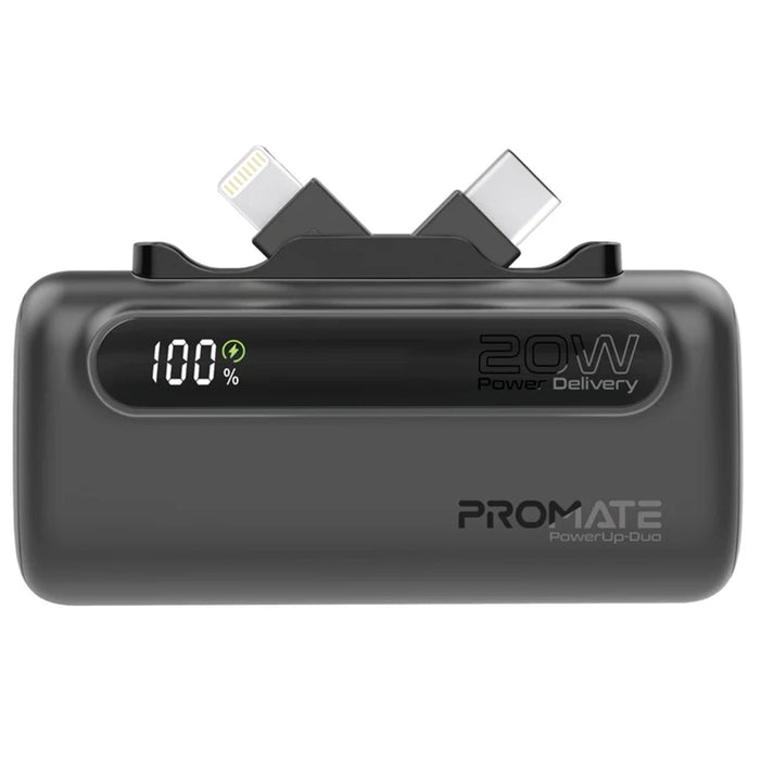 Promate POWERUP-DUO.BLK 5000mAh Ultra-Compact Fast Charging Power Bank -Black - With In-built Dual Folding USB-C & Lightning Connectors - Supports 20W PD USB-C In/Out Smart LED Battery Indicator