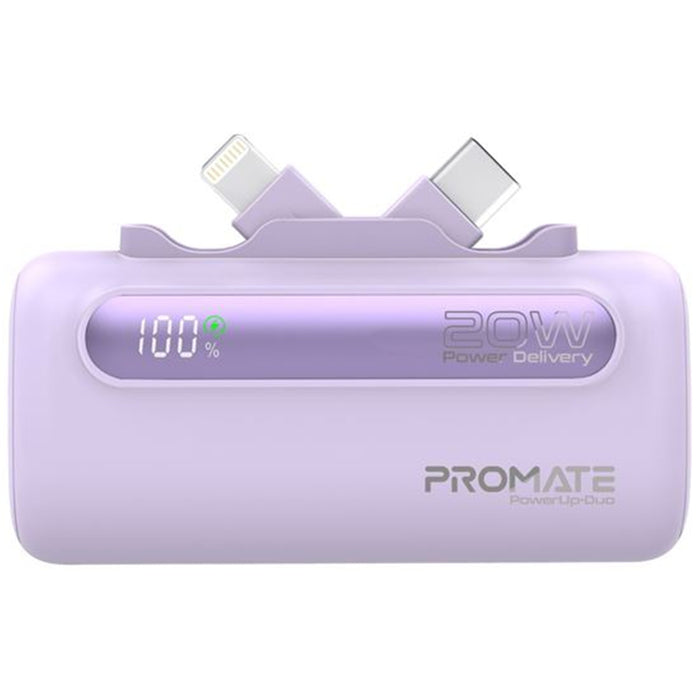 Promate POWERUP-DUO.PK  5000mAh Ultra-Compact Fast Charging Power Bank with In-Built DualFoldingUSB-C & Lightning Connectors. Supports 20W PD USB-C In/Out Smart LED Battery Indicator. Purple