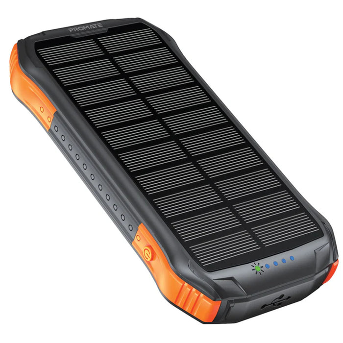 Promate SOLARTANK-10PDQI 10000mAh Rugged EcoLight Solar IP65 Power Bank with 10W Wireless Qi Charging. Supports 20W Power Delivery 10W Wireless Charging 18W Super Fast Charging Input 300lm Flash Light.