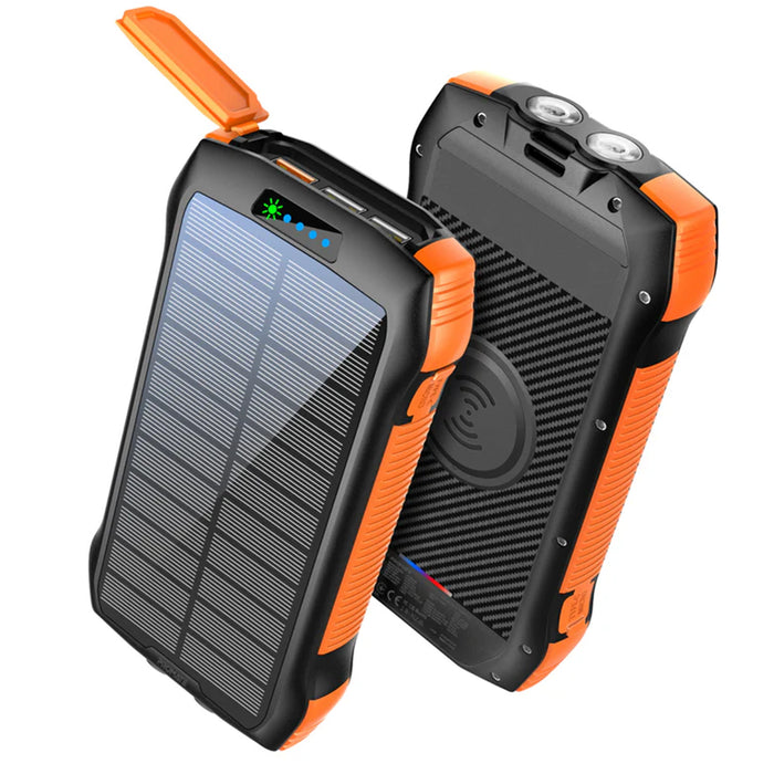 Promate SOLARTANK-20PDQI 20000mAh Rugged EcoLight Solar IP65 Power Bank with 10W Wireless QiCharging - Supports 20W Power Delivery 10W Wireless Charging 4x USB C haring Ports 550lm LED Flash Light.