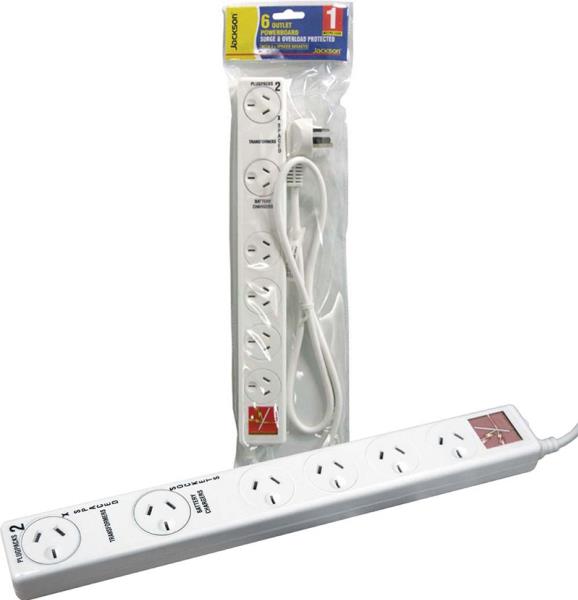 JACKSON 6 way Protected Power Board with 2 double spaced ports 1m power cord Surge & Overload protected