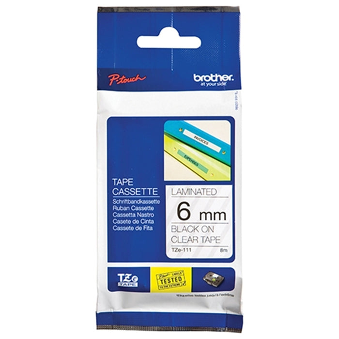 Brother Genuine TZe-111 Labelling Tape Cassette Black on Clear 6mm wide. 8m long for PTH110 PT-P300BT PT-E550WSPPT-P710BTPTD600PTE110VPPTP900W