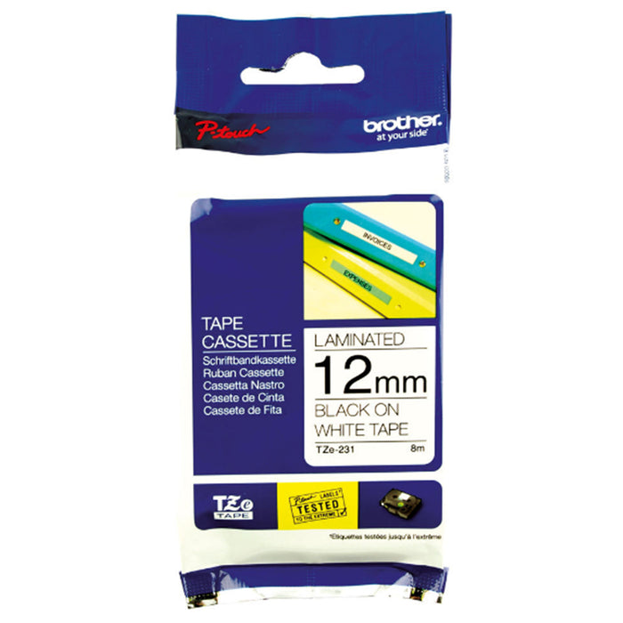 Brother Genuine TZE231 Laminated label Tape 12mm x 8m - Black on White for PTH110 PTD210 PTD410 PTD610BTPTD400 PTD800WPT-P300BTPT-P910BT