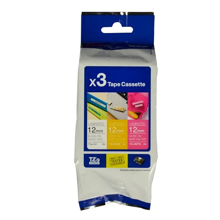 Brother Genuine TZE-33M3 12mm Laminated Label Tape Multi-Pack Black on White White on Satin Gold White on Berry Pink for PTD210 PT-D400PTD600 PTH110 PTM95 PT-P300BTPT-P910BT PTE110VP