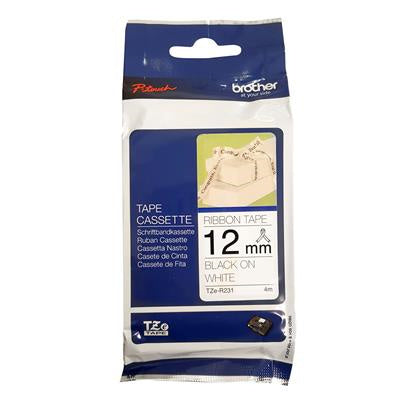 Brother Genuine TZe-R231 Ribbon Tape Cassette Black on White 12mm wide 4m long for PTH110 PT-P710BT PT-P910BT PT-P300BTPTD800WPT-D400 PTD210PTP900W