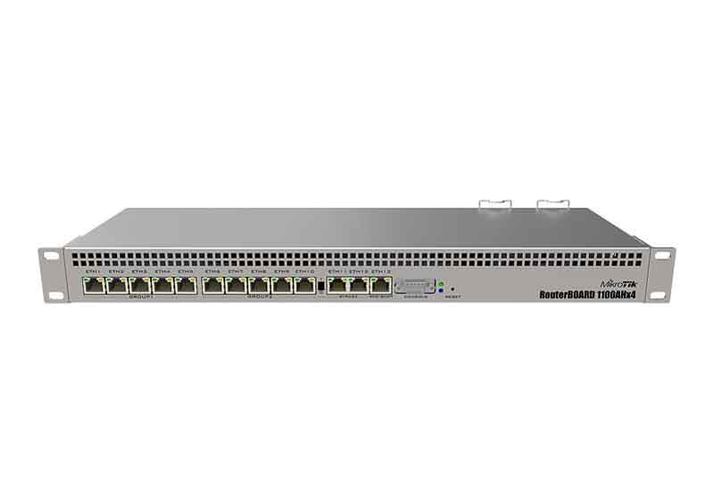 MikroTik RouterBOARD 1100x4 with AL21400 Cortex A15 CPU (4-cores, 1.4GHz per core), 1GB RAM, 13xGbit LAN, RouterOS L6, 1U rackmount case, Dual PSU