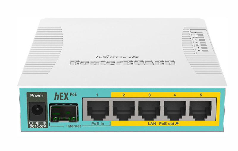 MikroTik RouterBOARD hEX PoE with 800MHz CPU, 128MB RAM, 5x Gigabit LAN (four with PoE out), USB and RouterOS L4 (RB960PGS)