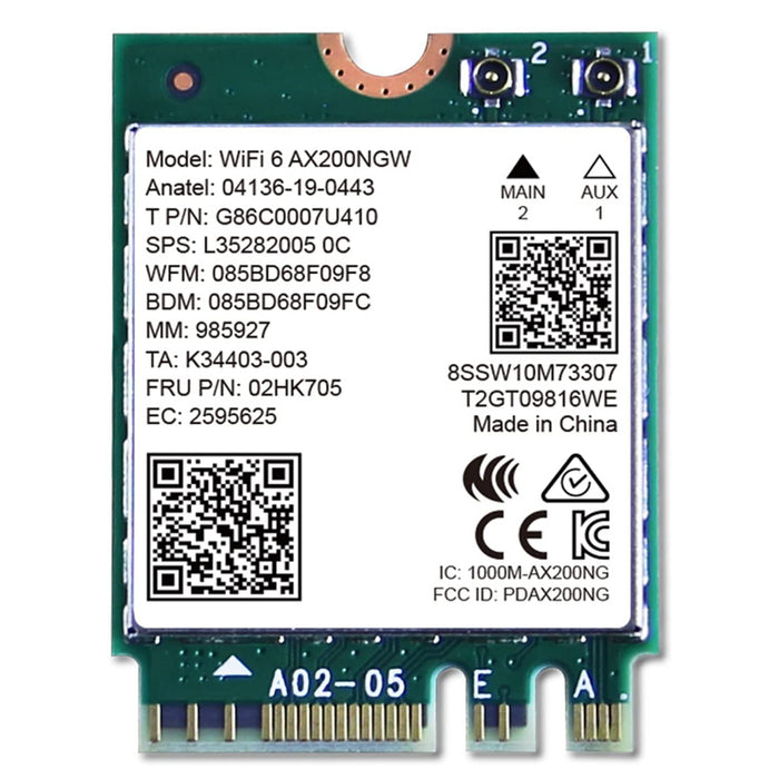 Intel AX200 WiFi 6 + Bluetooth 5.0 Internal M.2 Wireless Adapter AX200NGW - 802.11AX - Supports Windows 10 64Bit / Google Chrome OS / Linux - M.2 / NGFF - PN: L35284-005 / 02HK704 / 02HK705 (OEM Package)