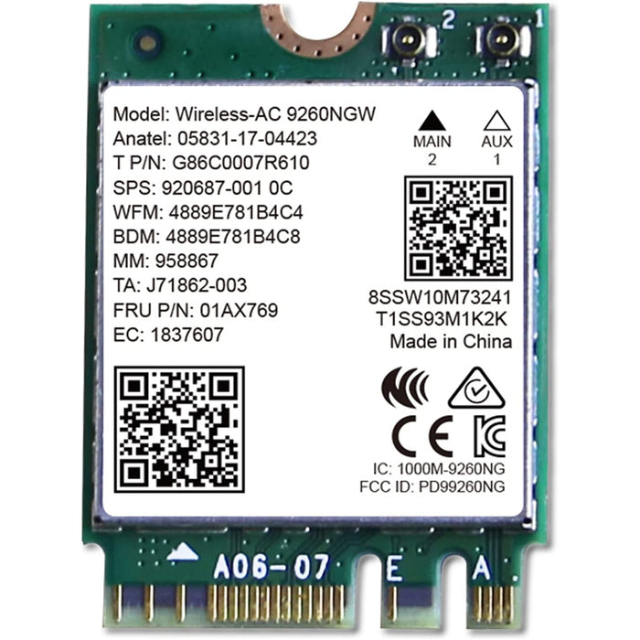 Intel WiFi 5 Wireless-AC 9260 9260NGW Wireless Card - 802.11 ac/b/g/n & Bluetooth 5.0 PN: 01AX769 920687-001 (OEM Package)