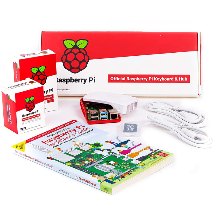 Raspberry Pi 4 Model B 2GB Beginner Desktop Kit Official White and Red Package with RPI Keyboard and Mouse Comes with Beginners Guide