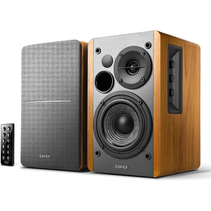 Edifier R1280DB 42W Powered Bookshelf Speaker System with Bluetooth - Brown 2x RCA + Optical + Coax Inputs - Bass / Treble Controls - Wireless Remote Included