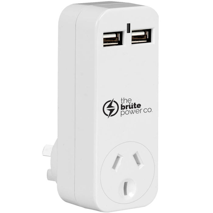 The Brute Power Co BPAUSB2 1 Socket Adaptor - 2x USB Ports - Surge Protection - White Suits AU / NZ Socket / Plug