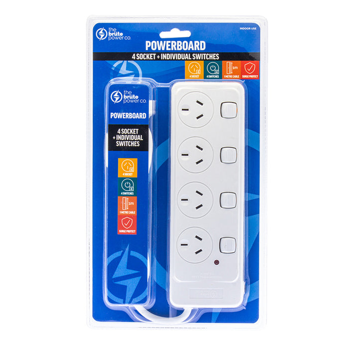 The Brute Power Co PPB4IS 4 Socket Powerboard - Individual Switches AU / NZ SAA Approved