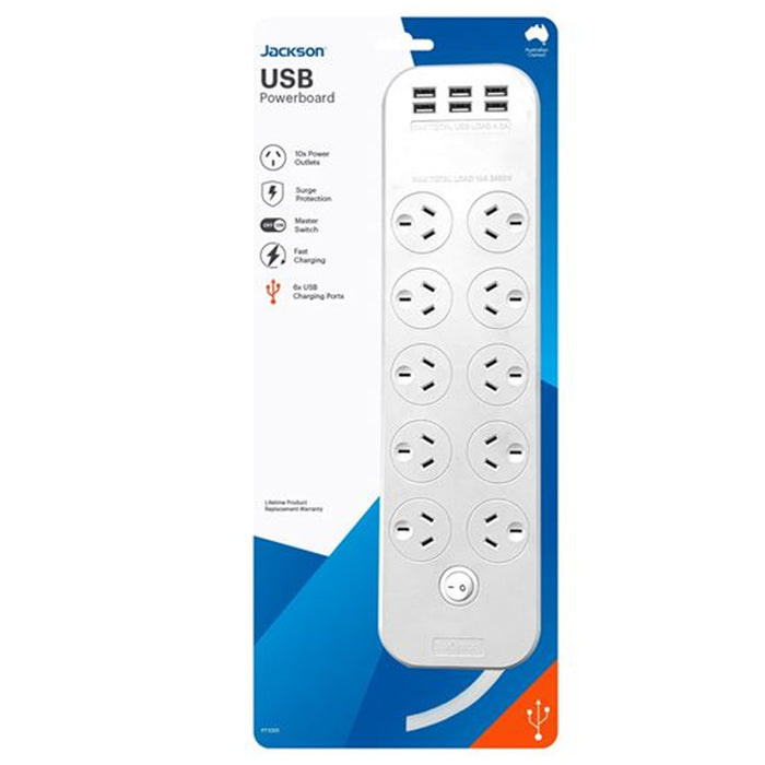 Jackson PT1055 10 Outlet Powerboard with 6x USB-A Fast Charging Ports (4.5A) 10 Surge Protected Power Outlets - On-Board Master Switch - Safety Overload Protection - Mounting Slots on Back - 1m Power Lead