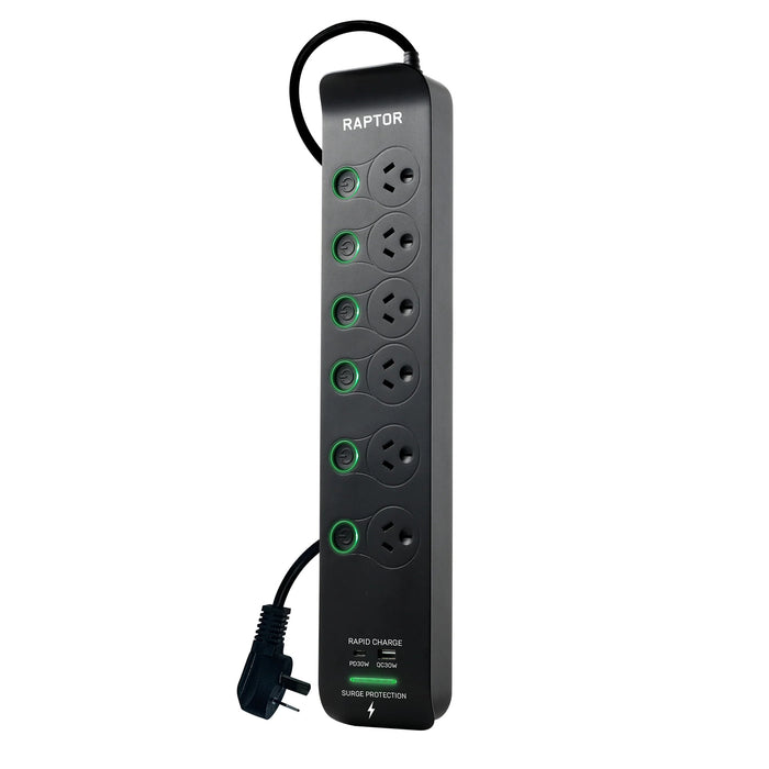 Jackson Raptor RAP6S 6 Outlet Surge Protected Board with 30W PD USB-C & 30W QC USB-A 6x Individually Switched Sockets