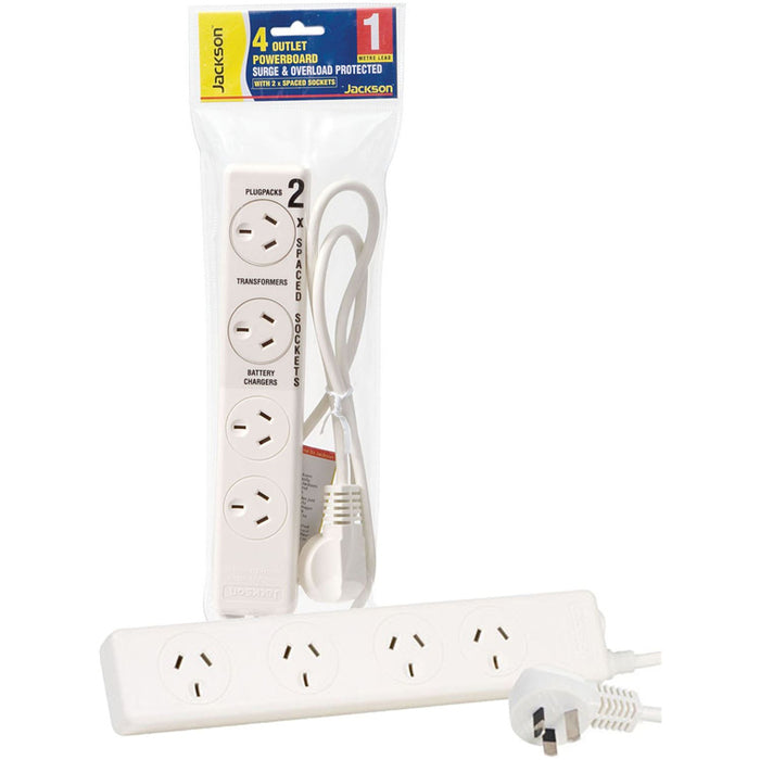 Jackson PT2929S 4 Outlet Protected Powerboard 2 Ports are Double Spaced - Energy Absorbtion Rating 175J - 1m Power Cord