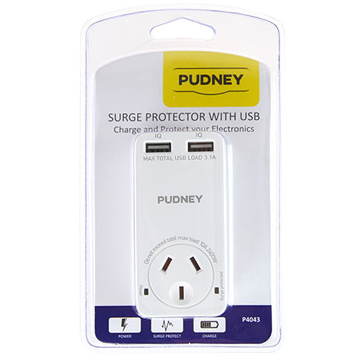 PUDNEY P4043 Surge Protector with 3.1A 2x USB Ports AU/NZ SAA Approval 10A 230-240V AC