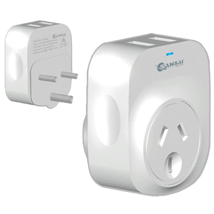 Sansai STV-3013 Outbound USB Travel Adapter - NZ / AU to South Africa / India Plug Israel / India (Parts of) / Mozambique / Namibia / Nepal / Pakistan (Parts of) / South Africa / Sri Lanka - with 2 USB-A Fast Charge Ports (2.1A)