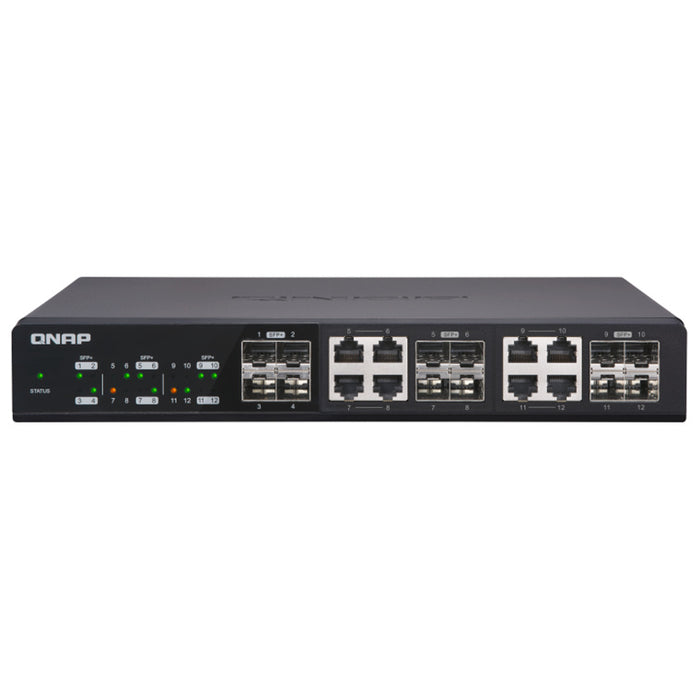 QNAP QSW-1208-8C 12 Port 10G Unmanaged Switch 12x 10GbE SFP+ ports with shared eight 10GBASE-T ports unmanage switch NBASE-T support for 5-speed auto negotiation (10G/5G/2.5G/1G/100M)