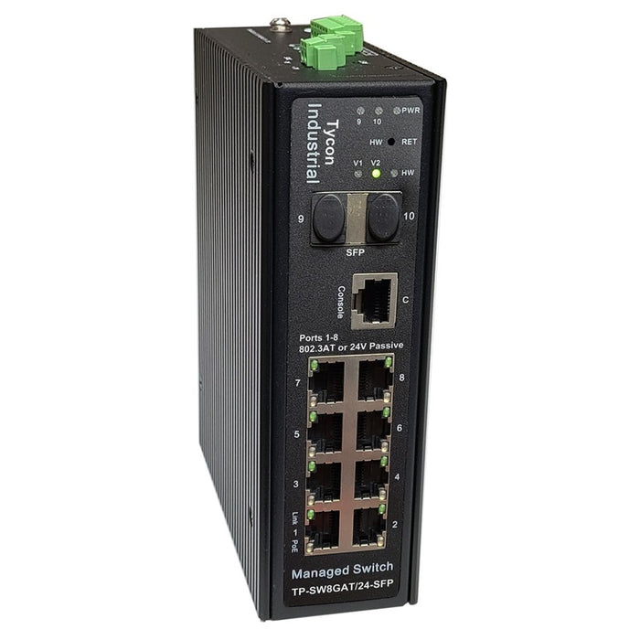 Tycon Power Managed 8 Port Industrial PoE Switch, 2 x 1Gb SFP, Ports 1-8 24/48V Passive or 802.3at PoE, 30W